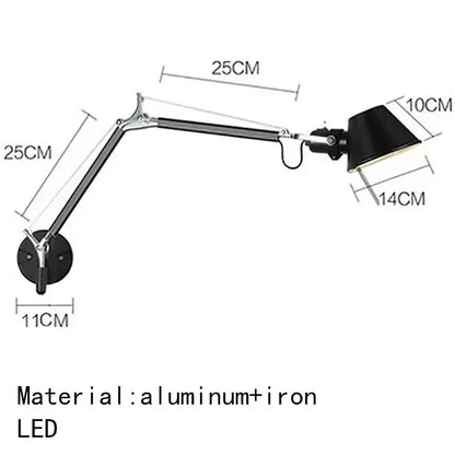 Italian Long Arm LED Wall Lamp Silver Black Metal Bedroom Study Reading Lights E27 Switch Rotatable Adjustable Lighting Decor
