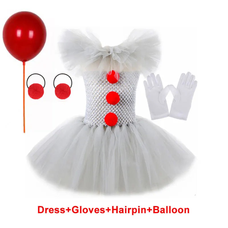 Halloween Gray Joker Girls Costume Tutu Dress Creepy Clown Kids Carnival Party Cosplay Tøj Børn Tulle Fancy Dress