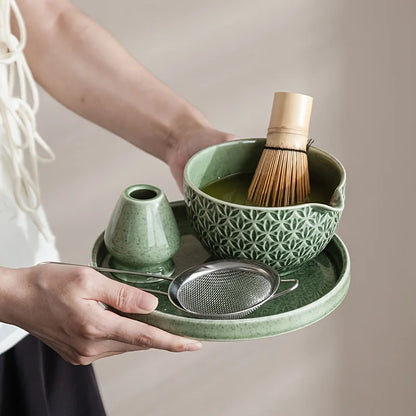 Japanese Matcha Set 2/5/6 Pieces - Green Pattern Tea Bowl, Bamboo Stirrer, Spoon & Filter - Traditional Japanese Tea Ceremony