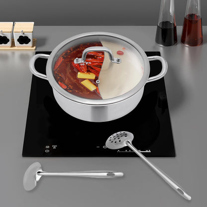 Hot Pot 304 Stainless Steel Hot Pot Cookware 2 Chambers Hot Pot Stove 28 cm Shabu Pot Cooking Pots with Dual and 2 Soup Ladles