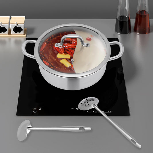 Hot Pot 304 Stainless Steel Hot Pot Cookware 2 Chambers Hot Pot Stove 28 cm Shabu Pot Cooking Pots with Dual and 2 Soup Ladles