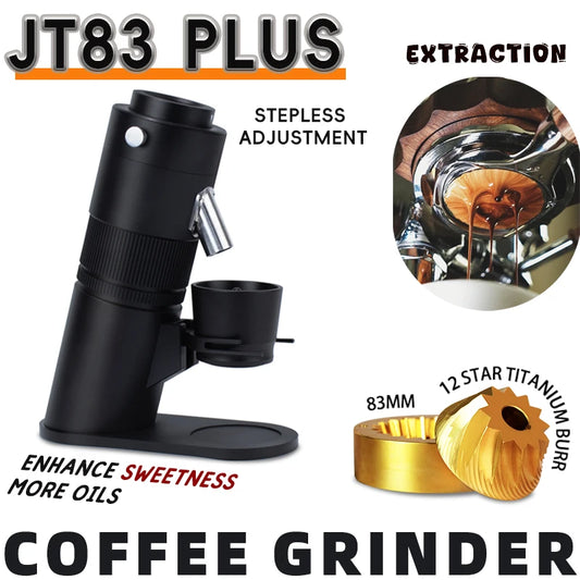 LRLUFEIBAO JT83 Plus Electric Coffee Grinder 83mm Titanium Burr With Blow Hopper 110-220V Universal Hushåll kaffebönare Miller