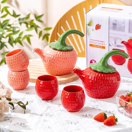 European Red Strawberry Teapot Set Ceramic Breakfast Milk Mug Exquisite Afternoon Tea Set Kettle with Gift Box Birthday Gifts