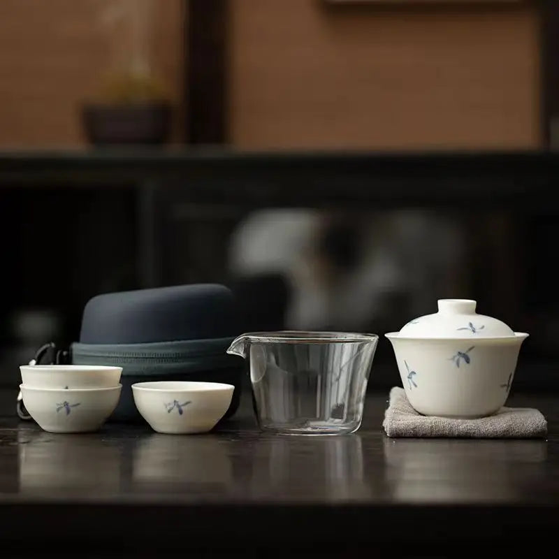 Hand Painted Orchid Travel Tea Set Suit Portable Portable Outdoor Tea Making Gaiwan Ceramic One Pot Fills Three Cups