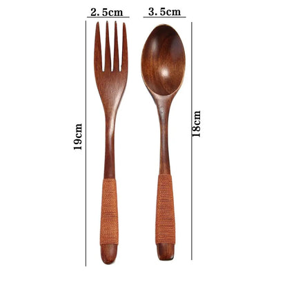 2PCS Wooden Kitchen Supplies Rice Dinner Kit Soups Dinnerware Sets Fork Tableware Spoon DIY