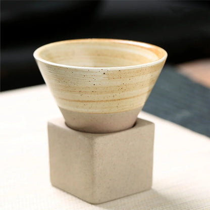 100ml Coarse Pottery Coffee Mugs, Japanese Style Ceramic Tea Cups Triangular Cone Shape Porcelain Retro Mug with Square Base