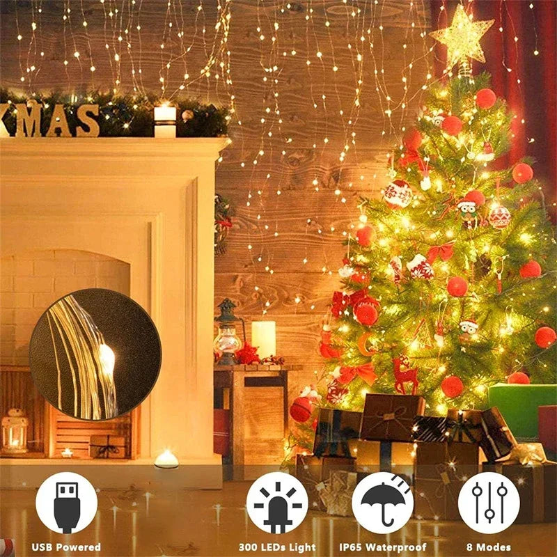 3M LED Curtain String Lights Fairy Decoration USB Holiday Garland Lamp 8 Mode for Home Garden Christmas Party Nyttårs bryllup