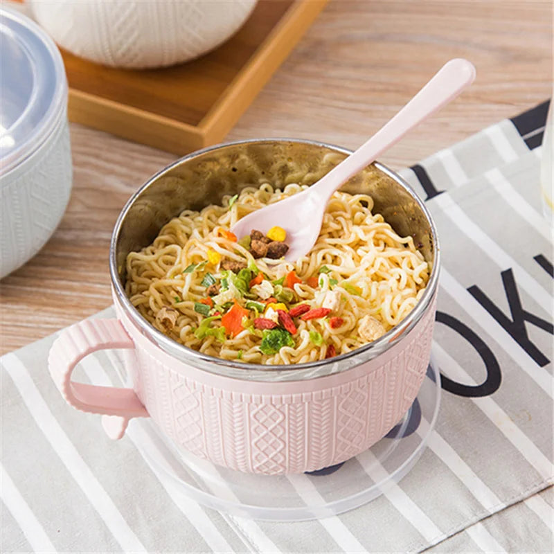 Stal nierdzewna podwójna warstwy makaron Ramen Bowl Anti-Scalding Instant Noodle Bowl Duża pojemność z pokryciem i łyżką stołową naczyniem stołowe