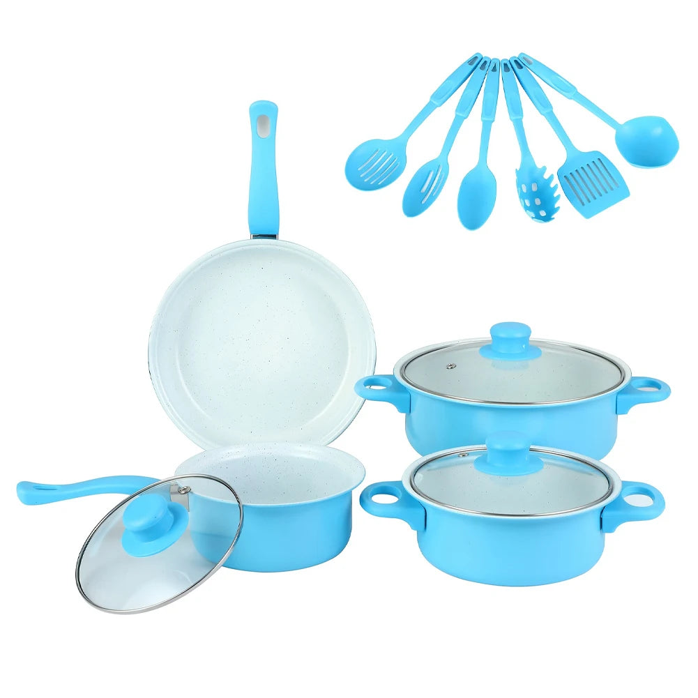 12Pcs Non Stick Cookware Set Cooking Pot with Lid Deep Frying Pan Milk Pot Maifan Stone Frying Pan for All Types of Cooker