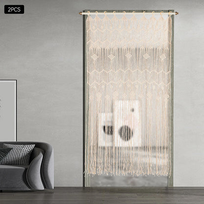 Handwoven Macrame Curtain Set of 2 Boho Room Divider Light Filtering Window Drapes with Wood Rings 39x79 Inch for Home Wedding