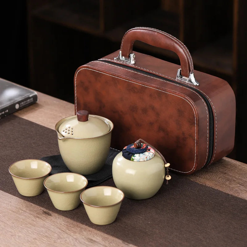 Ru Kiln Travel Tea Set Kuaike Cup Outdoor Portable Kung Fu Tea Set Business Souvenir Gift Set  Ceramic  Teaware Sets