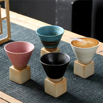 100ml Coarse Pottery Coffee Mugs, Japanese Style Ceramic Tea Cups Triangular Cone Shape Porcelain Retro Mug with Square Base