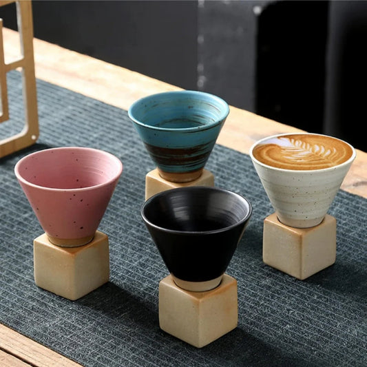 100ml Coarse Pottery Coffee Mugs, Japanese Style Ceramic Tea Cups Triangular Cone Shape Porcelain Retro Mug with Square Base