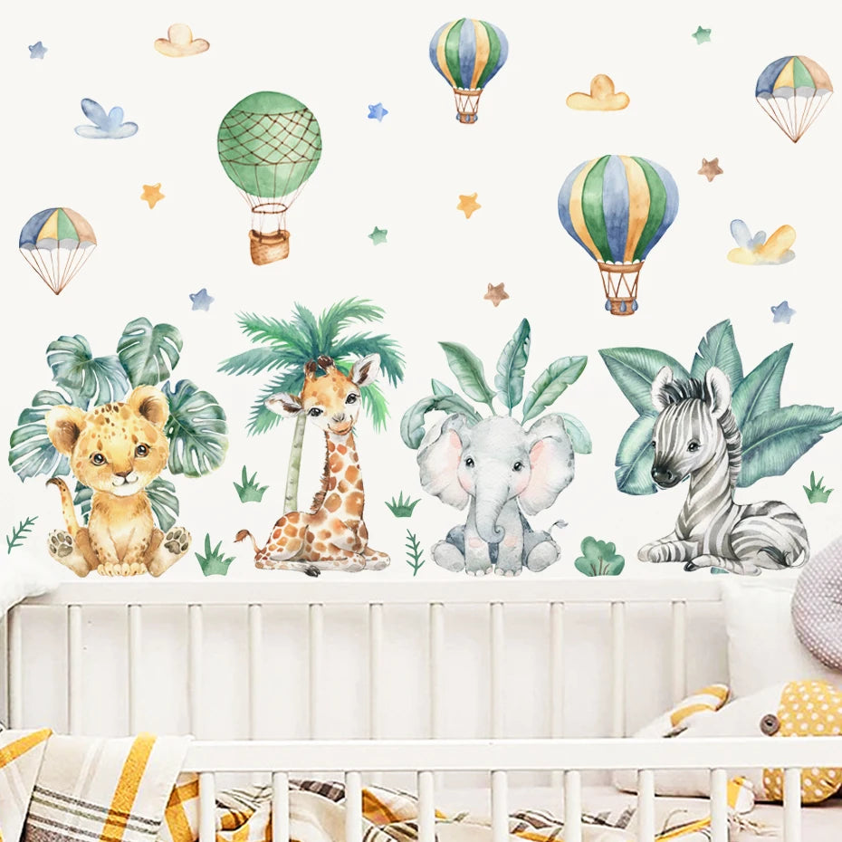 Cartoon Dschungeltiere Blätter Aquarell Vinyl Wandaufkleber für Kinderzimmer Baby Kinderzimmer Dekoration Elefant Giraffe Aufkleber