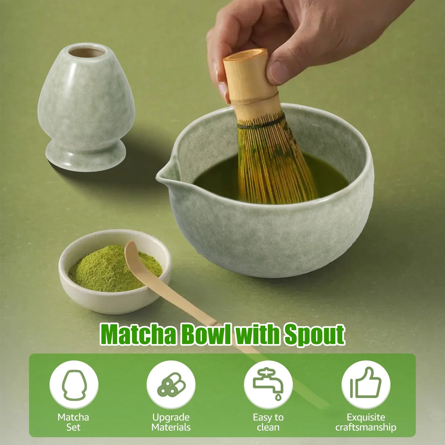 2Pcs Ceramic Matcha Bowl and Whisk Holder Set Easy to Use Tea Bowl and Whisk Stand Easy to Clean Matcha Tea Mixing Tool