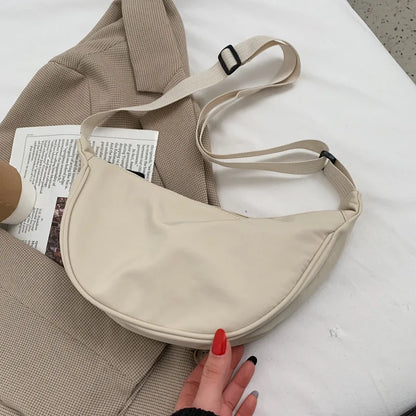 1pc Solid Color Nylon For Women Large Capacity Travel Crossbody Half Moon Daily Street Fanny Pack Waist Bag