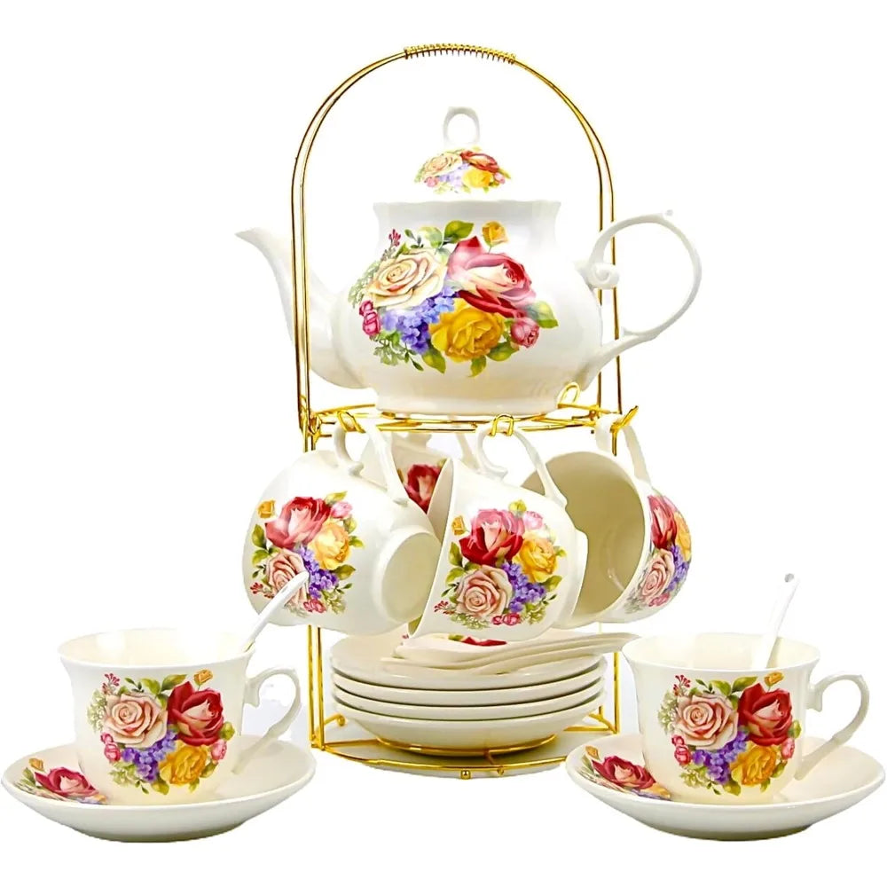 20-piece Bone China Tea Set, Gold Coffee Set, Gold Metal Rack, Home and Party Tea Gift Set (010)
