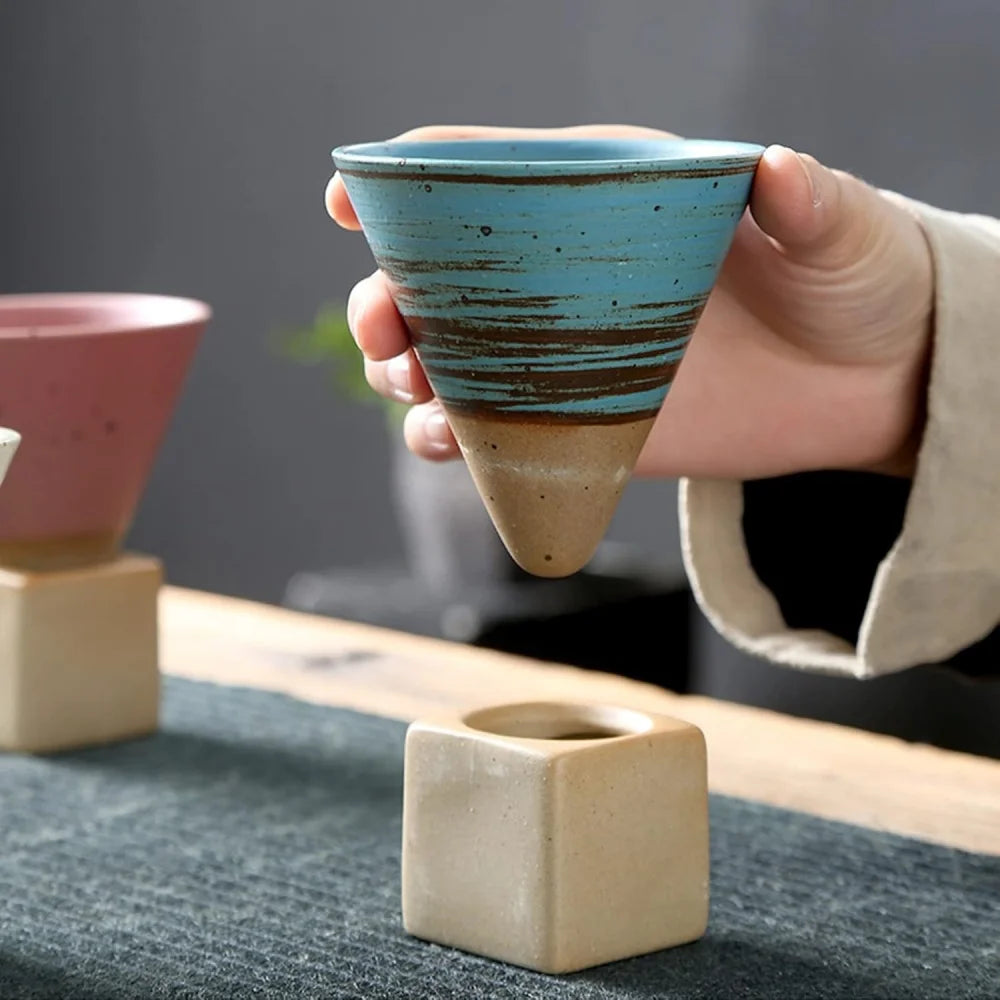 100ml Coarse Pottery Coffee Mugs, Japanese Style Ceramic Tea Cups Triangular Cone Shape Porcelain Retro Mug with Square Base