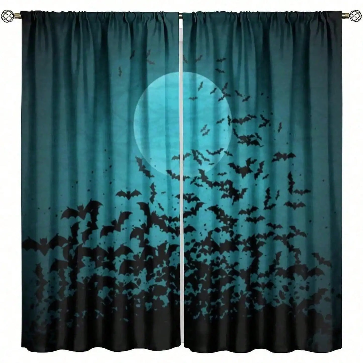 Black Flying Bats Blackout Curtains, Halloween Night Moon Scene With Bats Print, 2-Panel Rod Pocket Window Drapes For Bedroom