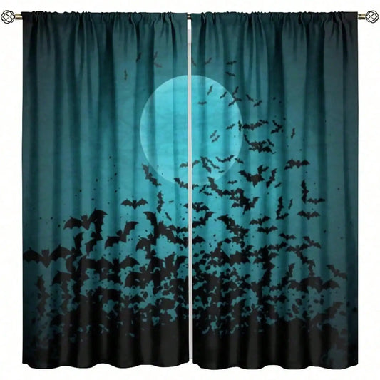 Black Flying Bats Blackout Curtains, Halloween Night Moon Scene With Bats Print, 2-Panel Rod Pocket Window Drapes For Bedroom