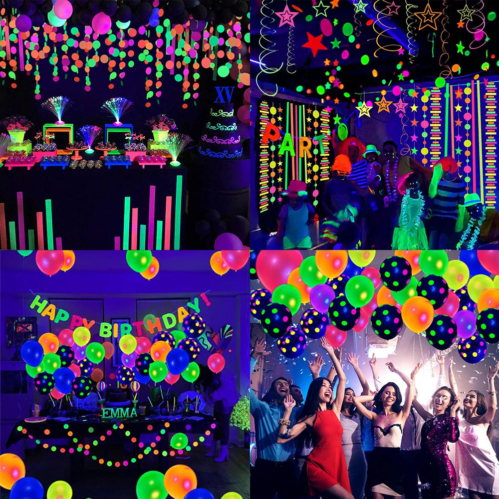 Neon Fluorescent Party Supplies Neon Balloon Glow in the Dark Banner Paper Garland Decorations Wedding Birthday Blacklight Party