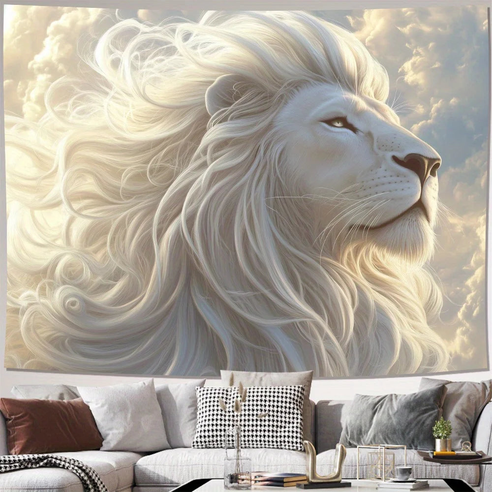 1pc Majestic White Lion Tapestry with Flowing Mane - Polyester Fabric for Living Room, Indoor and Outdoor Room Decor