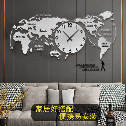 Creative wall clock mirror world map Internet celebrity decoration living room home fashion European silent hanging