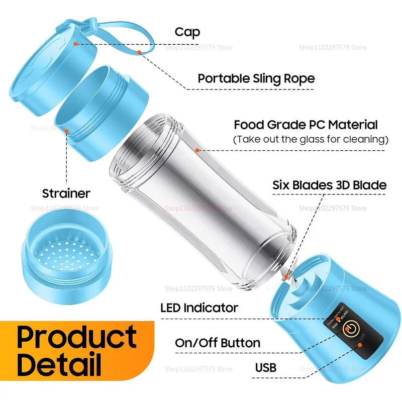 380ml kannettava sähköinen Juicer USB -ladattava smoothie -tehosekoitin mini -ruoanvalmistushedelmäsekoitin matkan retkeilyyn ja keittiöön