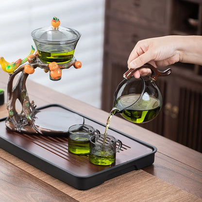 Eco-Inspired Faux Wood Glass Teapot - Magnetic One-Touch Infuser | Nature Decor, Spill-Proof, Ceremonial Tea Set