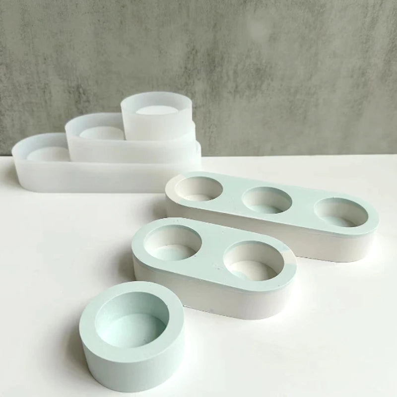 3 Holes Candlesticks Cement Silicone Mold DIY Cement Plaster Round Candle Holder Tray Pottery Mould Home Decor Candle Jar Making