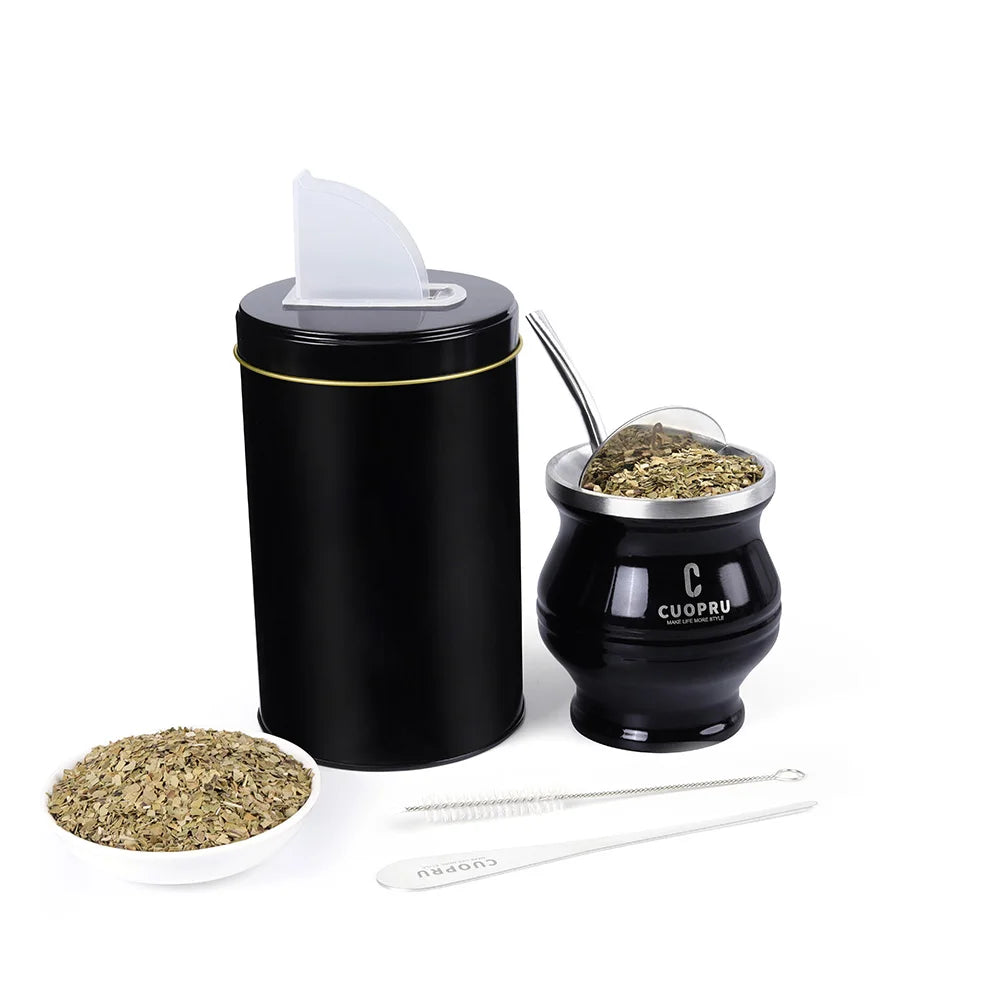 6 Az 1-es Yerba Mate Cup szett, tartalmazza a duplafalú rozsdamentes acél társ tököt, a teás alakítót, a bomba szalmát, a kefét és a tea kannákat