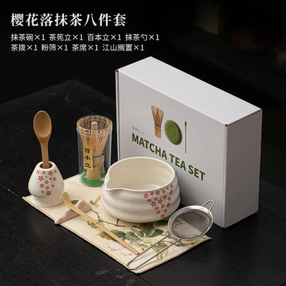 1-8Pcs Matcha sakura Set Japanese Handmade Matcha Teaset Gift Box with Glass Bowl Bamboo Spoon Ceramic Whisk Holder and Sieve