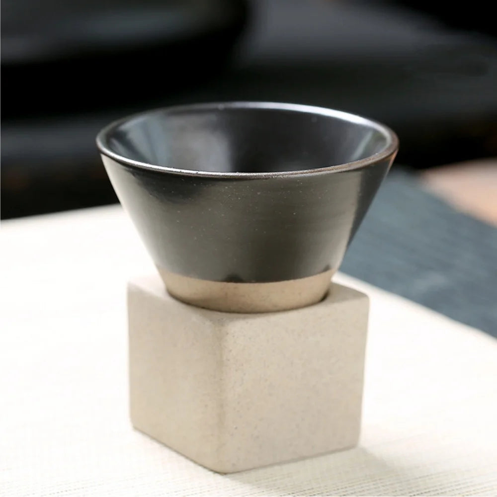 100ml Coarse Pottery Coffee Mugs, Japanese Style Ceramic Tea Cups Triangular Cone Shape Porcelain Retro Mug with Square Base
