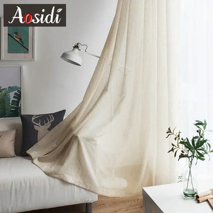 Beige linen look tulle curtains for living room Modern flax sheer curtains for bedroom Solid voile cortina for kids window drape