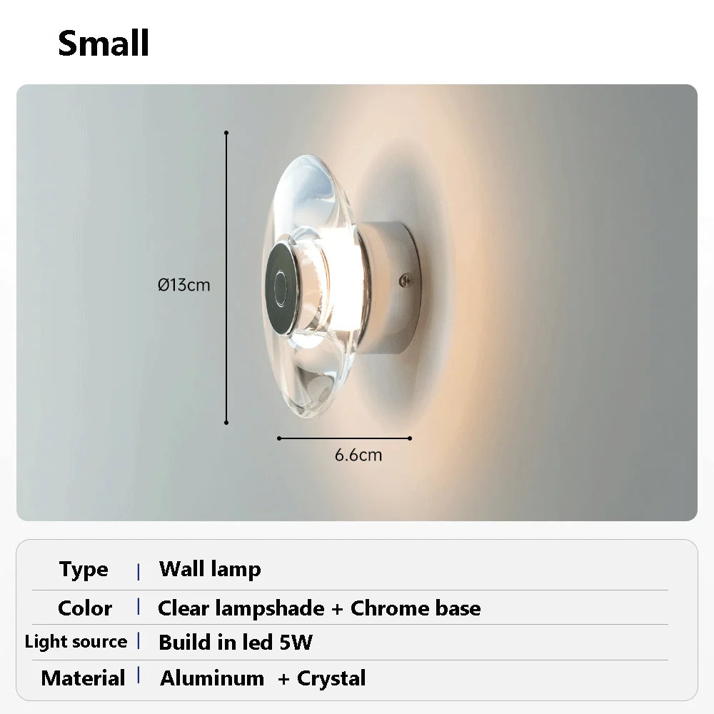 Modern Round Crystal Bedside Lamp Bedroom Living Room Italian LED Sconce Minimalist Art Circular Corridor Mirror Wall Lights