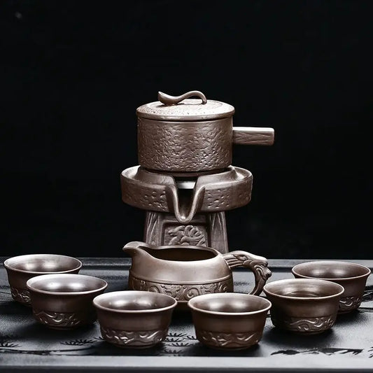 High Quality Ceramic Lazy Man Style Automatic Rotating Insulation Tea Set Suitable for Home  Making