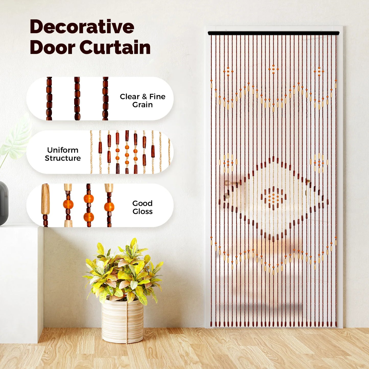 31 Bead Strings Door Curtain 208*90cm Chocolate Brown Wood Cotton Divider Curtain Classical Style for Home Doorways Windows