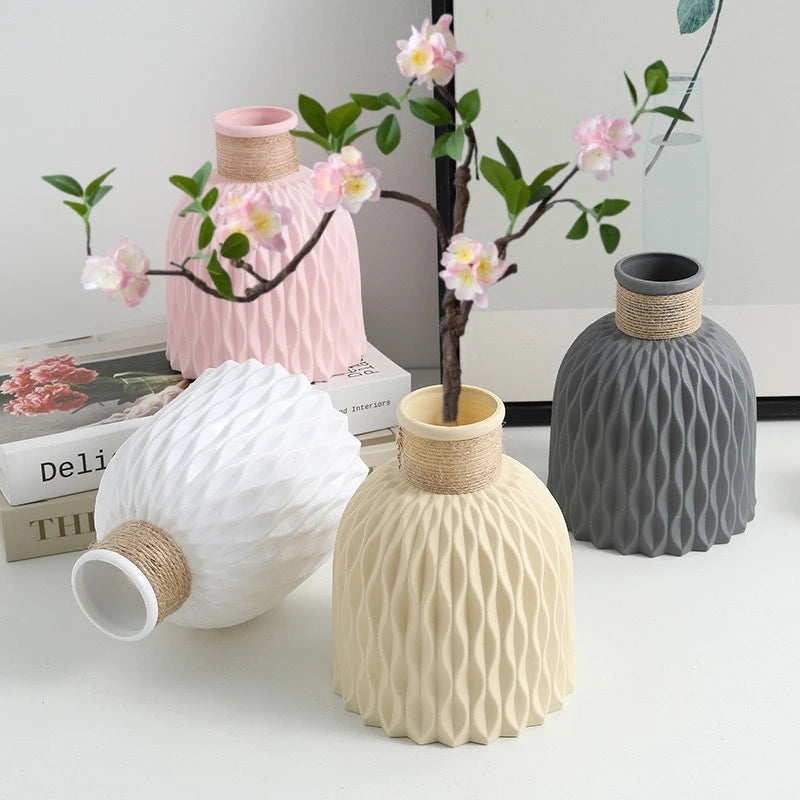 1 st ananasmönster Twine Imitation Ceramic Plastic Vase Simple Water Wave Mönster Flower Arrangement Vase