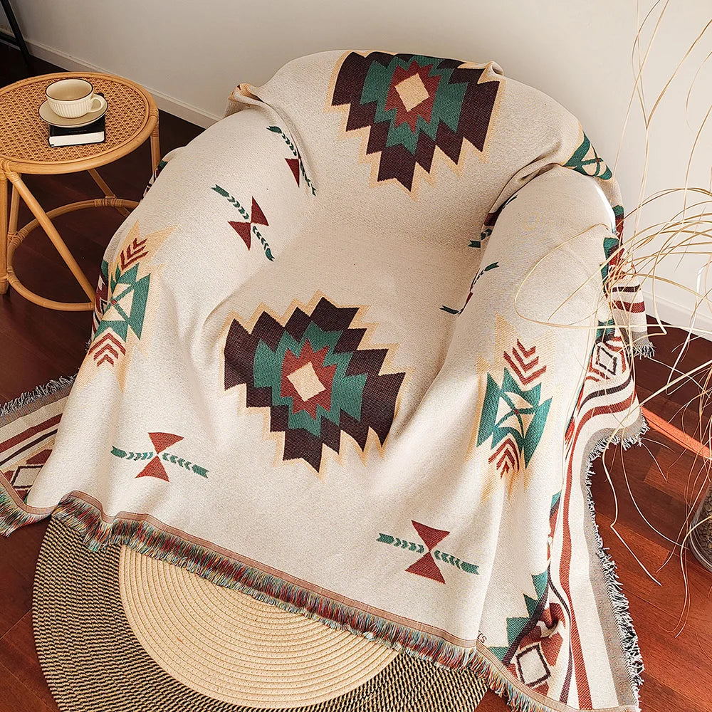 Aztec-viltti, ylisuuri boho-heittohuopa reunalla, lounaaseen geometrinen kuvakudoksen vintage kudottu heittohuovat, kaksois-si