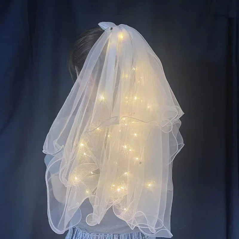 1pcs Glow Wedding Veil LED Light Bowknot Pearl Veil Glow In The Dark Party Favor Wedding Birthday Party Cosplay Hair Accessories