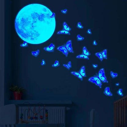 4Pcs/Set Moon & Butterfly Glow In The Dark Wall Sticker Bedroom Home Wall Decoration