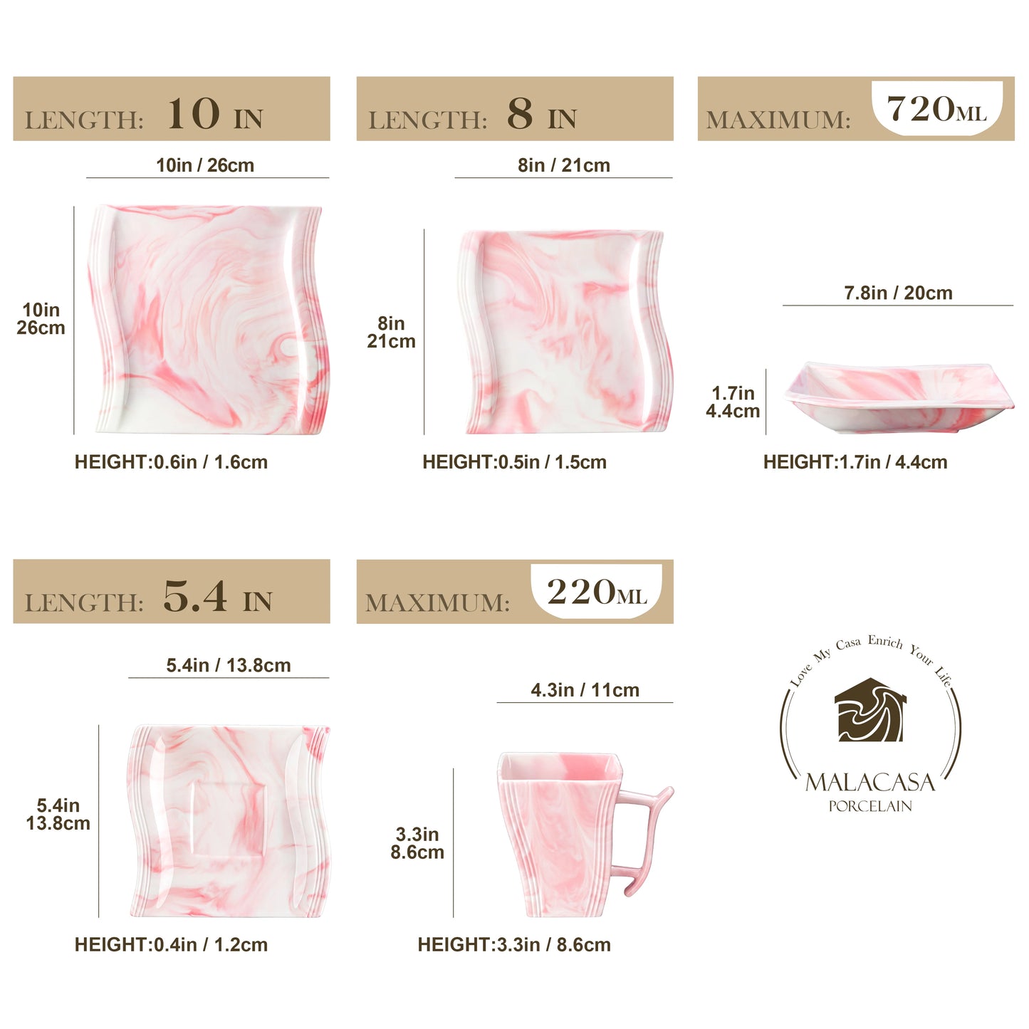 MALACASA Flora 30-Piece Marble Pink Porcelain Dinnerware Set with 6*Dinner ,Dessert,Soup Plate,Cups&Saucers Two color optional