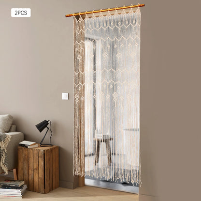 Handwoven Macrame Curtain Set of 2 Boho Room Divider Light Filtering Window Drapes with Wood Rings 39x79 Inch for Home Wedding