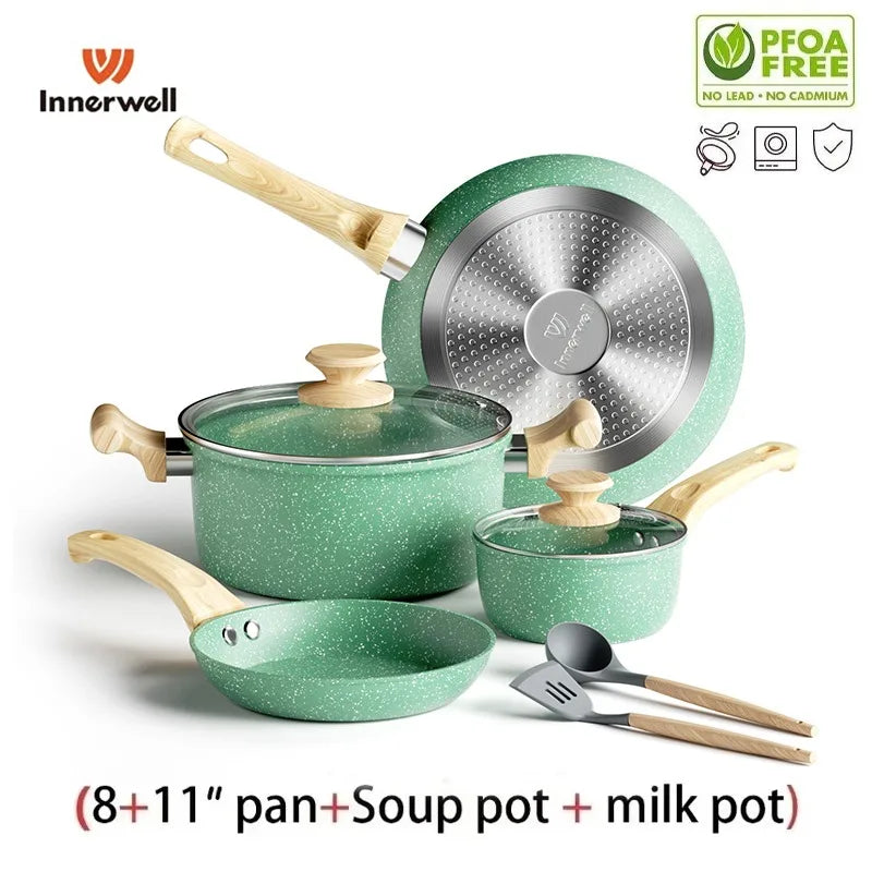 Inlandell 8 ppcs Kichenfichen Pan Stockpot Mëllech Dëppen Sets mat Glas Lids Nokon Free Stone Kachwäit kompatibel