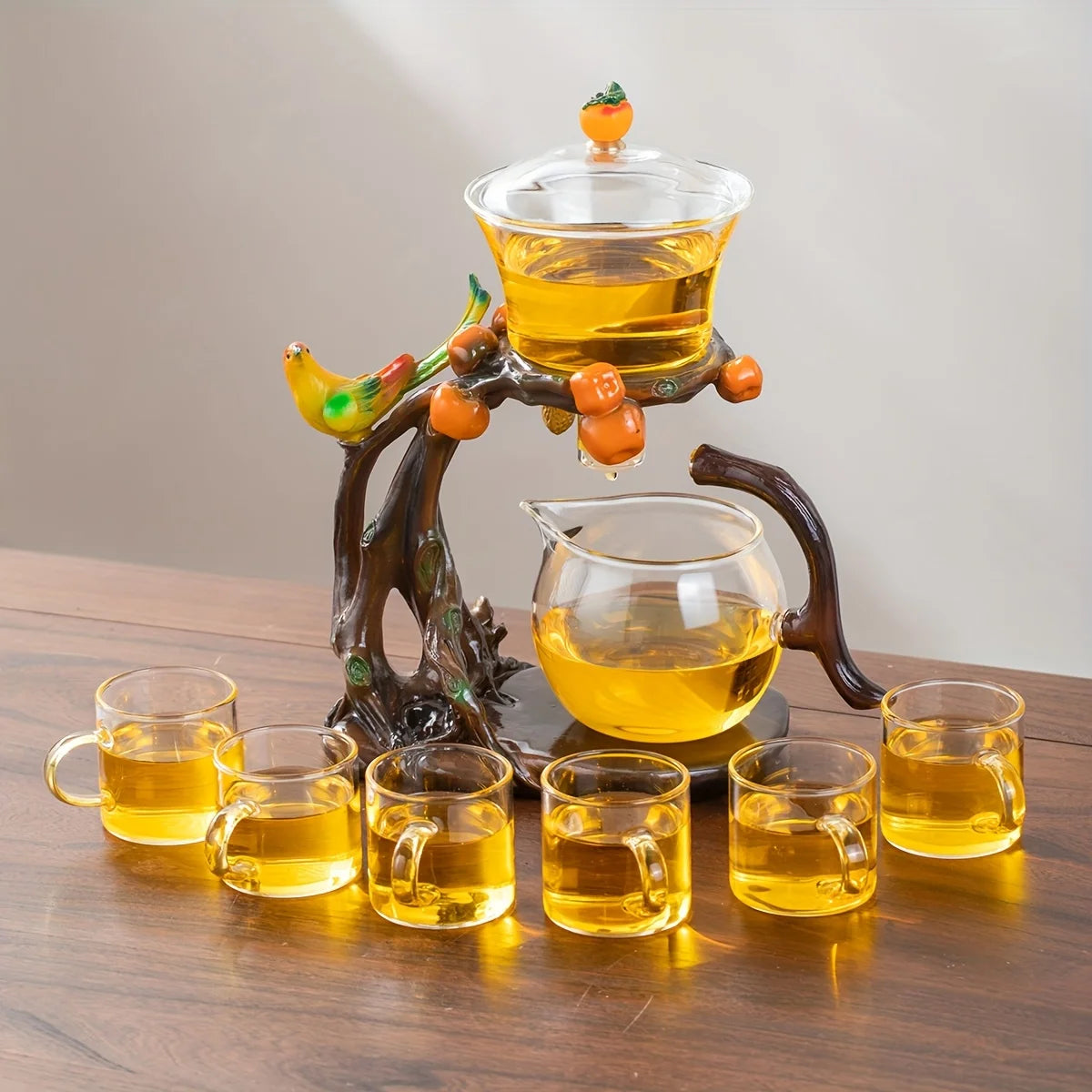Eco-Inspired Faux Wood Glass Teapot - Magnetic One-Touch Infuser | Nature Decor, Spill-Proof, Ceremonial Tea Set