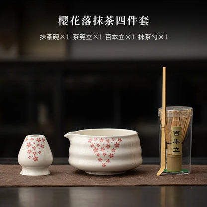 1-8Pcs Matcha sakura Set Japanese Handmade Matcha Teaset Gift Box with Glass Bowl Bamboo Spoon Ceramic Whisk Holder and Sieve