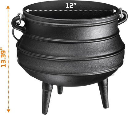 12 Quart Cast Iron Dutch Oven Cauldron Pot - Camping Cookware with Lid - Pre-Seasoned Heavy-Duty Potjie for Stews, Soups, Braisi
