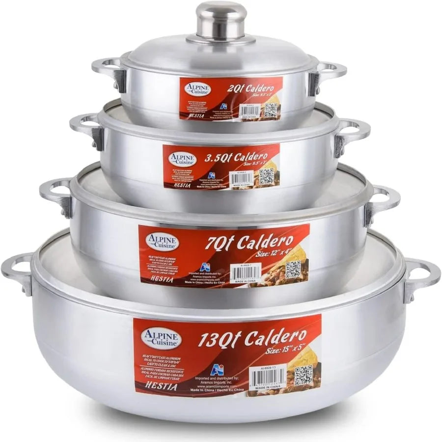 Nonstick Aluminum Caldero Set 8Piece Cookware with Lids Ideal for Stews Soups Rice 2 Qt 3.5 Qt 7 Qt 13 Qt Pots Silver