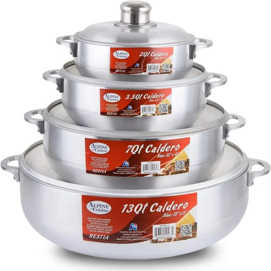 Nonstick Aluminum Caldero Set 8Piece Cookware with Lids Ideal for Stews Soups Rice 2 Qt 3.5 Qt 7 Qt 13 Qt Pots Silver
