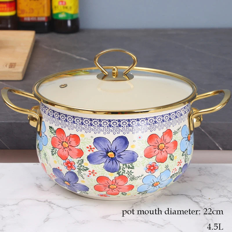 Enamel Soup Pot Retro Flower Bird Binaural Large Capacity Stew Pot with Lid Home Enamel Utensils for Kitchen Delicate Cookware